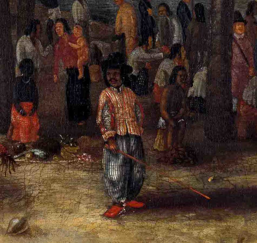 Andries Beeckman, detail of a Mardijker in a striped shirt and pants, The Castle of Batavia, c. 1661, oil on canvas, 151.5 x 108 cm (Rijksmuseum)