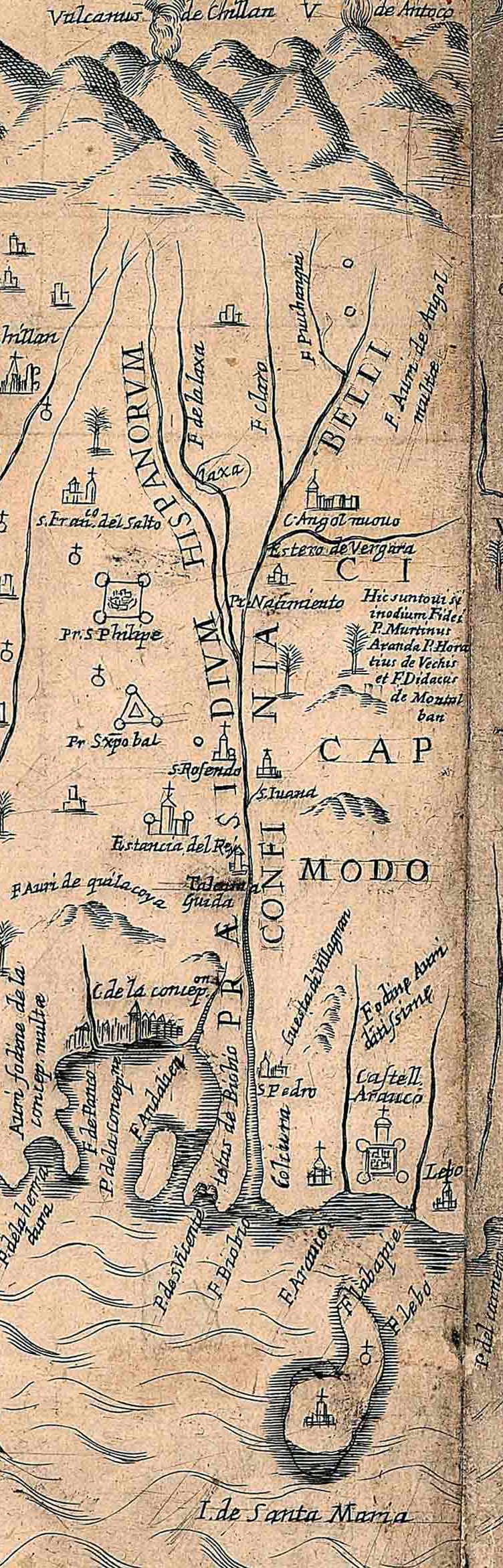 Forts along the Biobíio River. Detail of Alonso de Ovalle, Tabula geographica regni Chile, 1646. Image from the John Carter Brown Library, Brown University, Providence, Rhode Island.