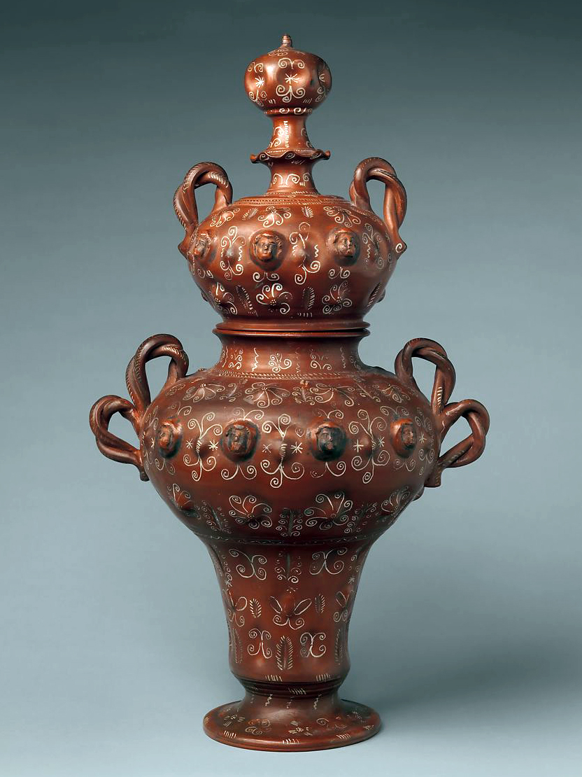 Covered jar (búcaro), ca. 1675–1700, earthenware, burnished, with white paint and silver leaf, 70.5 cm (The Metropolitan Museum of Art)