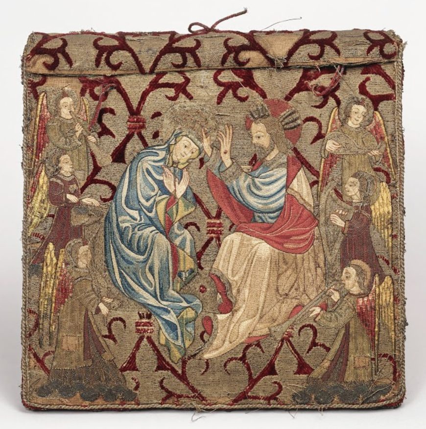 Burse, central Italy, c. 1400-10, embroidered velvet, 20 x 20 cm (Veneranda Biblioteca Ambrosianam Milan)