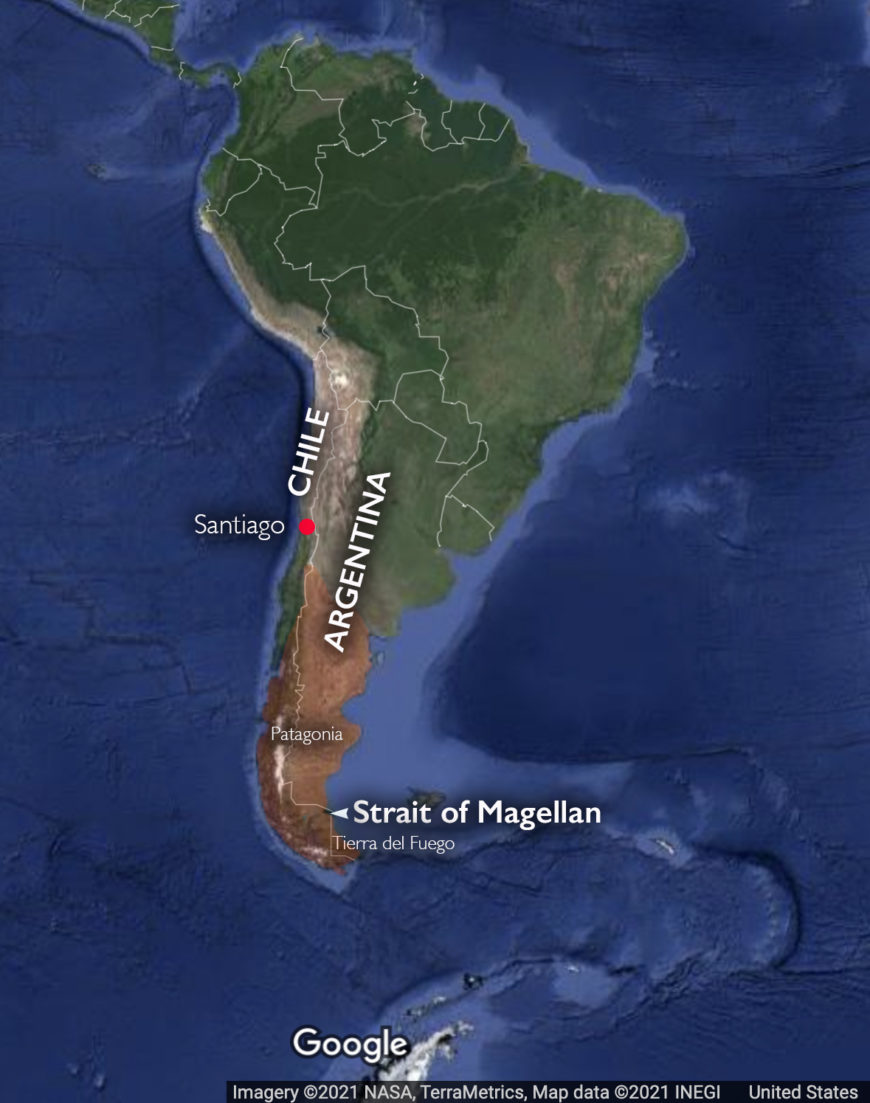 Map of Chile and Argentina, showing Patagonia and the Strait of Magellan (underlying map © Google)