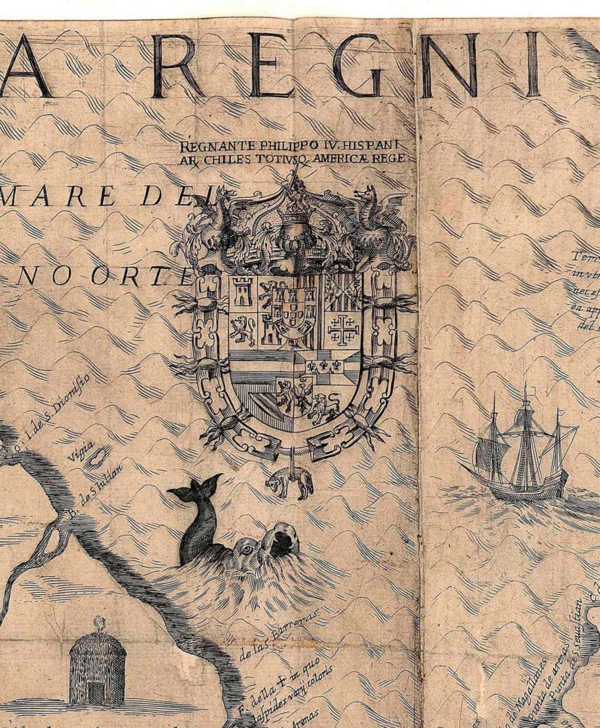The coat of arms of Philip IV with its ram pendant threatened by a sea monster. Detail of Alonso de Ovalle, Tabula geographica regni Chile, 1646, 57 x 116 cm (John Carter Brown Library, Brown University)