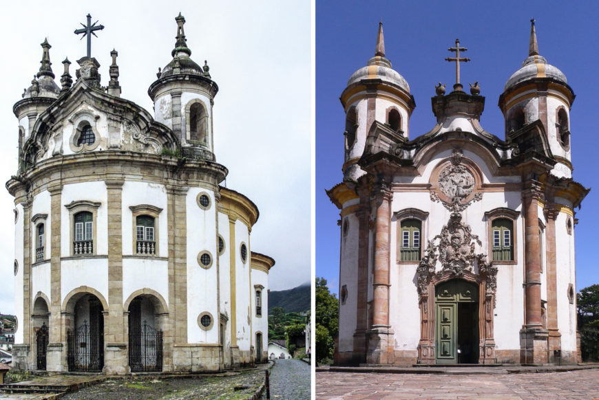 Left: Church of Our Lady of the Rosary, Ouro Preto, Brazil (photo: Juliana Bruder, CC BY-SA 4.0); right: Igreja de São Francisco de Assis, Ouro Preto (photo: svenwerk, CC BY-NC-ND 2.0)