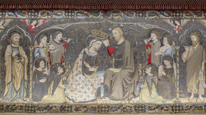Coronation of the Virgin, with a saint on either side (detail), Jacopo de Cambio, Altar front on linen, embroidered in silk, silver and gold threads, signed and dated 1336, 106 x 440 cm (Accademia, Florence)