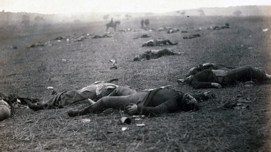 Timothy O’Sullivan, A Harvest of Death, 1863, albumen print, 17.2 × 22.5 cm, illustration in Alexander Gardner’s Photographic Sketchbook of the War, 1866 (Library of Congress)