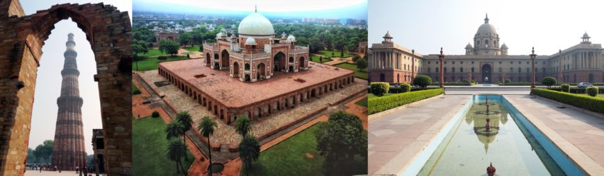 In the city of Delhi: left: Qutb Minar, 1198 (photo: Dr. Moumita Sahana, CC BY-SA 4.0); center: Mirak Mirza Ghiyas and his son, Sayyid Muhammad, Humayun's tomb, 1562-71(photo: AJ Nayak, CC BY-SA 4.0); left: Herbert Baker, Secretariat building, 1910s, New Delhi (photo: Laurie Jones, CC BY-SA 2.0)