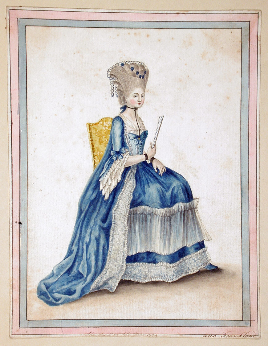 Anne Frankland Lewis, ‘Dress of the Year’, 1774. Watercolor on paper 36.83 × 25.4 cm, Los Angeles County Museum of Art. 