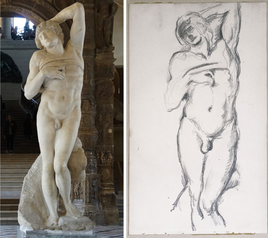 Left: Michelangelo, Dying Slave, 1513-15, marble, 2.09 m high (Louvre, Paris); right: Paul Cézanne, After a sculpture by Michelangelo from Sketchbook II, 1885-1900, graphite on wove paper, 21.6 x 12.7 cm (Philadelphia Museum of Art)