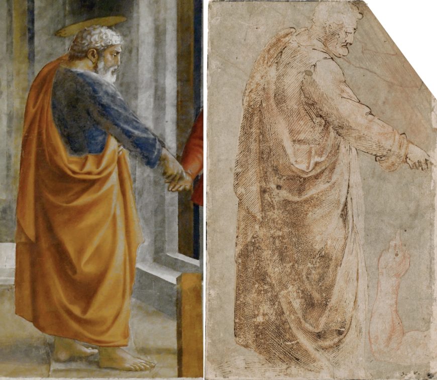 Left: Masaccio, Tribute Money, c. 1427, fresco (Brancacci Chapel, Santa Maria del Carmine, Florence) (photo: Steven Zucker, CC-BY-SA 2.0); right: St. Peter (after Masaccio),red chalk, pen in various shades of brown, the figure of Peter and the study on the lower arm later backed in light blue watercolor, 31.7 x 19.7 cm (Staatliche Graphische Sammlung, Munich)