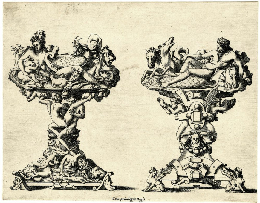 Attributed to René Boyvin, after design by Léonard Thiry, Two Designs for Salt Cellars, c.1550-1560, engraving on paper, 13.2 cm × 16.9cm, The British Museum, London, https://www.britishmuseum.org/collection/object/P_1875-0612-30