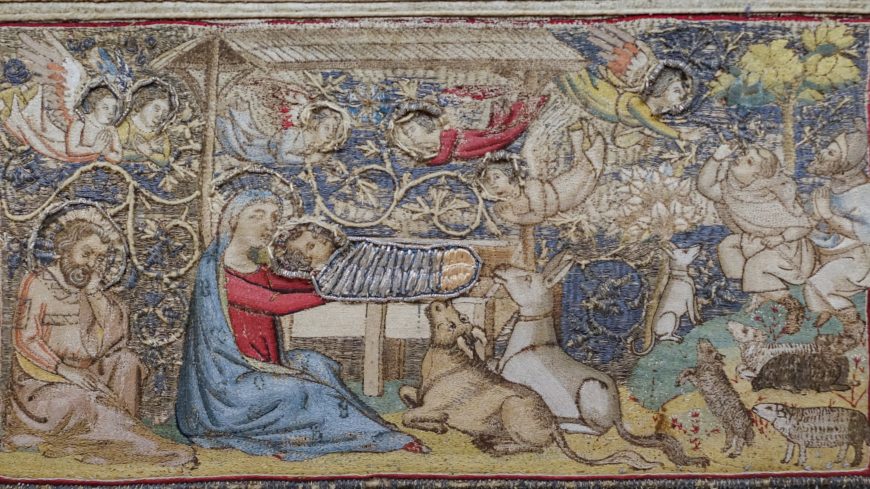 Nativity (detail), Jacopo de Cambio, Altar front on linen, embroidered in silk, silver and gold threads, signed and dated 1336, 106 x 440 cm (Accademia, Florence)
