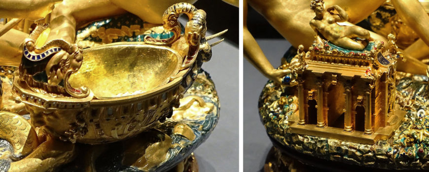 The ship held salt (left) and the temple held pepper (right). Benvenuto Cellini, Salt cellar, 1540-43, gold, enamel, ebony, and ivory, 28.5 x 21.5 x 26.3 cm (Kunsthistorisches Museum, Vienna)