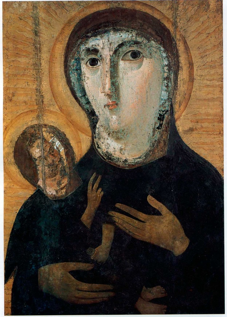 Hodegetria, painted icon, Rome, c. 640 (Santa Maria Nova, originally for Santa Maria Antiqua)