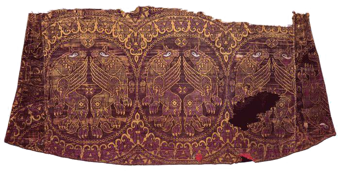Byzantine silk with paired griffins in roundels, 11th century, Valère Basilica, Sion, Switzerland (photo: Wikimedia Commons, CC0)