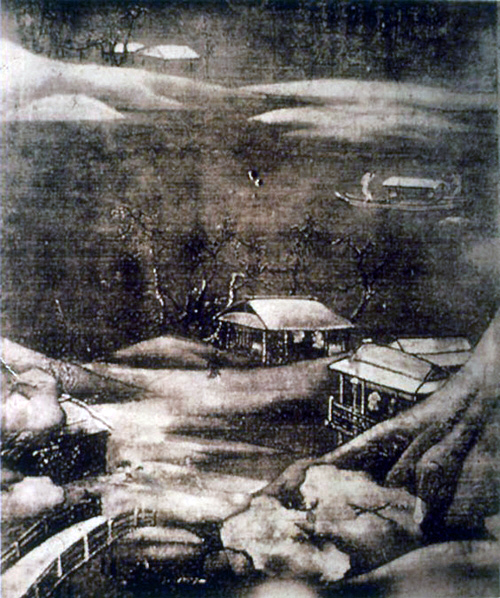 Attributed to Wang Wei (王維), Snowy Stream (雪溪圖), part of a handscroll, ink and color on silk (formerly Manchu Household Collection, Beijing, now lost)