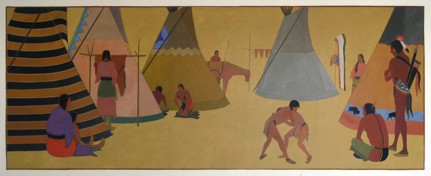 Stephen Mopope, Kiowa camp site, 1937, mural, Anadarko Post Office, OK