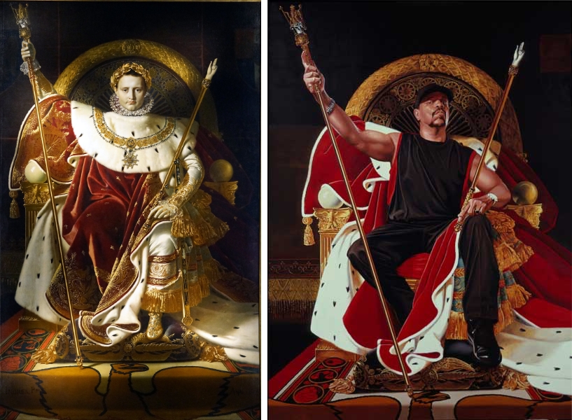 Left: Jean-Auguste-Dominique Ingres, Napoleon on his Imperial Throne, 1806, oil on canvas, 260 x 163 cm (Musée de l’Armée, Paris); right: Kehinde Wiley, Ice T, 2005, oil on canvas, 243.8 x 182.9 cm (private collection) © Kehinde Wiley