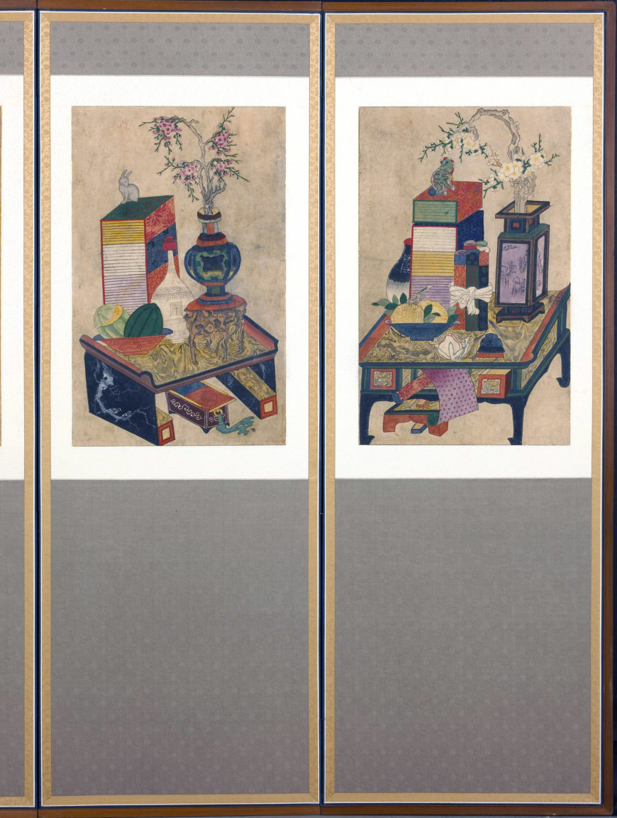 Eight panel Korean screen with painted decoration of books and scholars' equipment, chaekkori type, 19th century, Joseon dynasty, Korea, paper, 138.80 x 387 cm (© The Trustees of the British Museum)