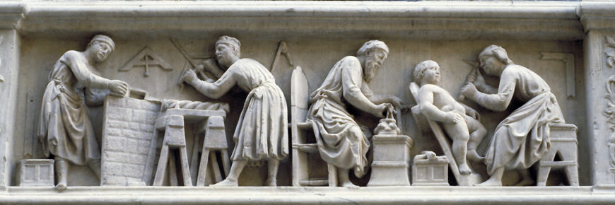 Nanni di Banco, relief of the Guild of Stone and Woodcutters (Arte dei Maestri di Pietra and Legname), c. 1416, marble, below the sculpture group of the Quattri Santi Coronati, Orsanmichele, Florence