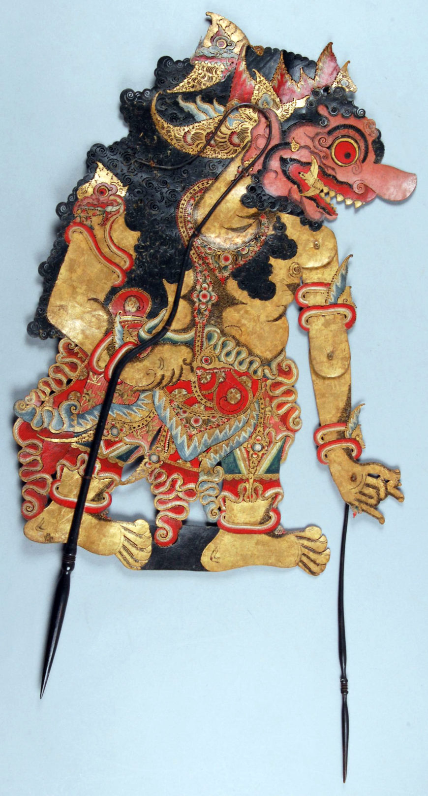 Shadow puppet, Kartasura style, c. 1800–1816, hide, horn and gold leaf, from Java, Indonesia, 90.3 cm high (© Trustees of the British Museum)