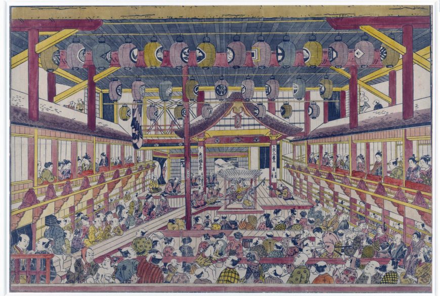 Okumura Masanobu (奥村政信), Interior of Nakamura-za theatre in Edo, with depiction of renowned actor Ichikawa Ebizo performing 'Ya no ne Goro' (Arrowhead Goro), 1745 (Edo Period), woodblock print with hand-colouring, uki-e, published by Okumura Genroku, Japan, 43.8 x 65 cm (© The Trustees of the British Museum)