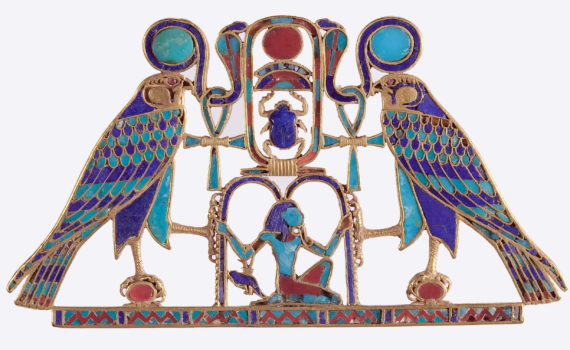 Pectoral and Necklace of Sithathoryunet with the Name of Senwosret II, Middle Kingdom, Dynasty 12, reign of Senwosret II, c. 1887–1878 B.C.E., Egypt, Fayum Entrance Area, el-Lahun (Illahun, Kahun; Ptolemais Hormos), Tomb of Sithathoryunet (BSA Tomb 8), EES 1914, Gold, carnelian, feldspar, garnet, turquoise, lapis lazuli