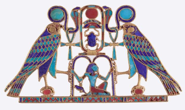 Pectoral and Necklace of Sithathoryunet with the Name of Senwosret II, Middle Kingdom, Dynasty 12, reign of Senwosret II, c. 1887–1878 B.C.E., Egypt, Fayum Entrance Area, el-Lahun (Illahun, Kahun; Ptolemais Hormos), Tomb of Sithathoryunet (BSA Tomb 8), EES 1914, Gold, carnelian, feldspar, garnet, turquoise, lapis lazuli
