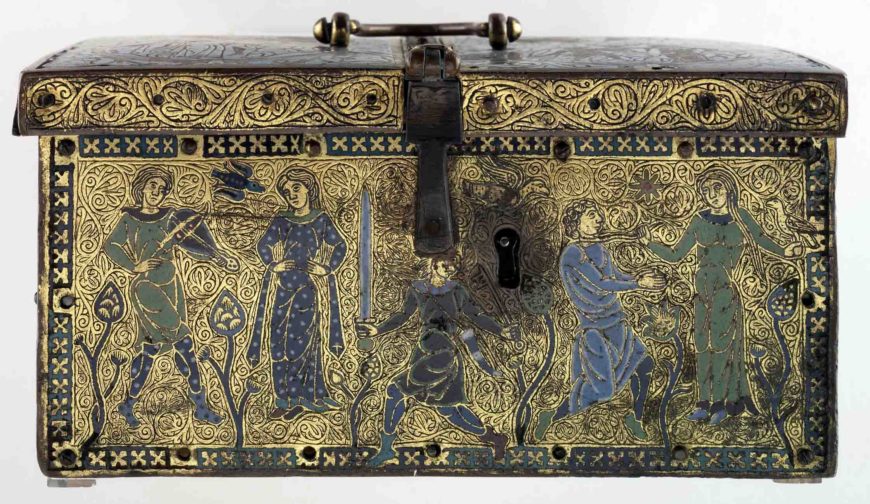 Casket with troubadours, 1180, copper, enamel, gold, made in Limoges, France, 21.7 x 11.6 x 16.5 cm (© The Trustees of the British Museum)