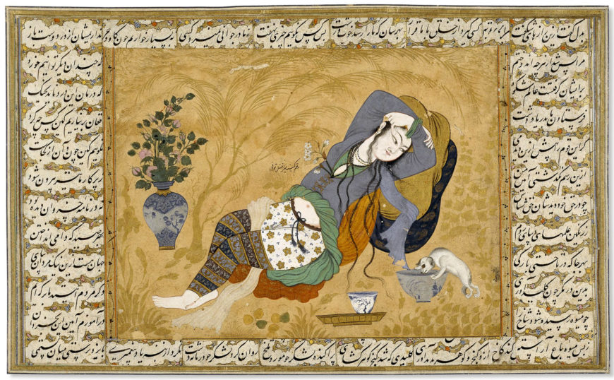 Mir Afzal of Tun, A reclining woman and her lapdog, c. 1640, painting, from Isfahan, Iran, 11.9 x 15.8 cm