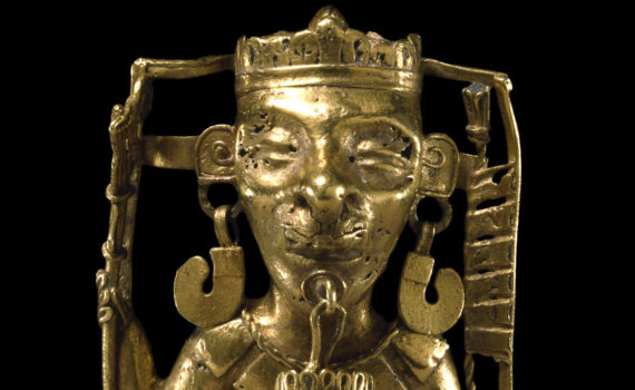 Claims to hereditary nobility were based on racing ancestral lineage and proclaiming military prowess through dress and ornament. Gold pendant depicting a ruler, Mixtec, lost wax-casting, gold, 9 x 4.6 cm, from Tehuantepec, Mexico (© Trustees of the British Museum)