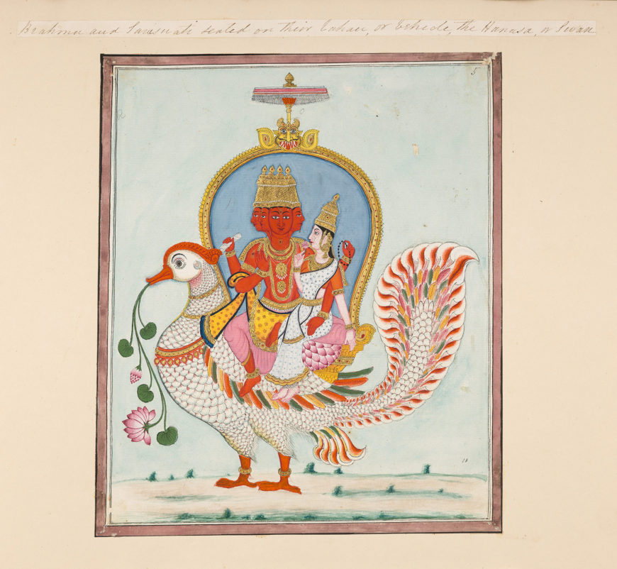 Lord Brahmā and Goddess Sarasvatī seated upon their vāhana (vehicle) the haṃsa (swan). Album of Drawings of Hindu Deities, early 19th century, watercolor on paper (The British Library)