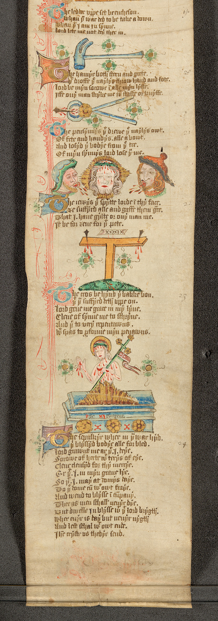 An English Arma Christi Roll, second quarter of the 15th century, ink on vellum, 134.5 x 9 cm (The British Library)