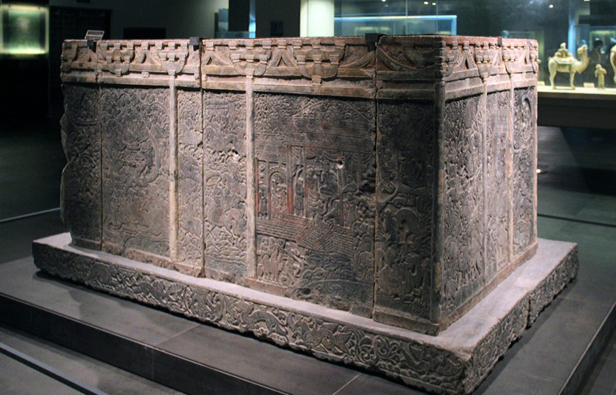 Wirkak or Shi Jun sarcophagus, 579–80 (Northern Zhou dynasry), stone carvings with traces of pigment and gilding, China, Shaanxi Province (Shaanxi History Museum, Xi’an, China; photo: Gary Todd)