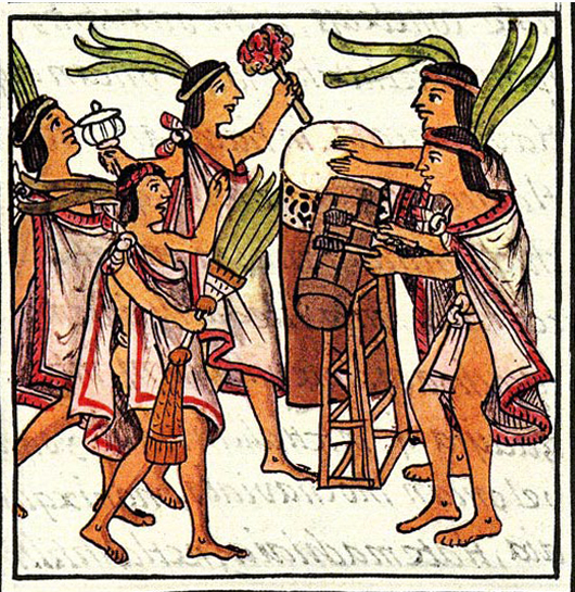 An illustration of the "One Flower" ceremony, from the 16th-century Florentine Codex. The two drums are the teponaztli (foreground) and the huehuetl (background). Bernardino de Sahagún and collaborators, General History of the Things of New Spain, also called the Florentine Codex, vol. 1, 1575-1577, watercolor, paper, contemporary vellum Spanish binding, open (approx.): 32 x 43 cm, closed (approx.): 32 x 22 x 5 cm (Medicea Laurenziana Library, Florence, Italy)