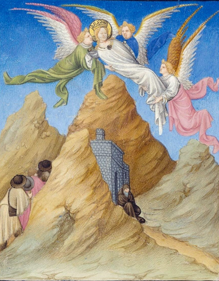 Herman, Paul, and Jean de Limbourg, Angels Carry the Body of Saint Catherine to Mount Sinai, Belles Heures of Jean de France, duc de Berry, 1405–1408/9, tempera and gold leaf on vellum, 23.8 x 16.8 cm. (The Metropolitan Museum of Art)