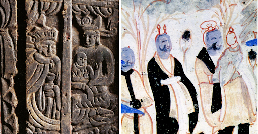 Fig.6 L: Baby Wirkak with his parents; R: Queen Maya with the infant Siddhartha, Cave 290 at Dunhuang (Gansu, China), 6th century AD