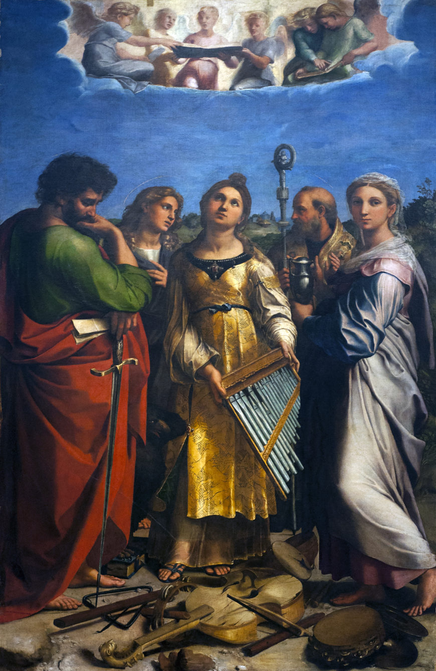 Raphael, Santa Cecilia, 1514, oil transferred from panel to canvas, 220 x 136 cm, originally in the Church of. (Pinacoteca Nazionale di Bologna)