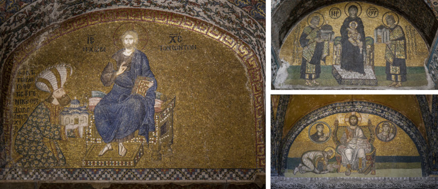Left: Chora's donor mosaic; top right: Hagia Sophia's southwest vestibule mosaic; bottom right: Hagia Sophia's Imperial Door mosaic (photos, byzantologist, CC BY-NC-SA )