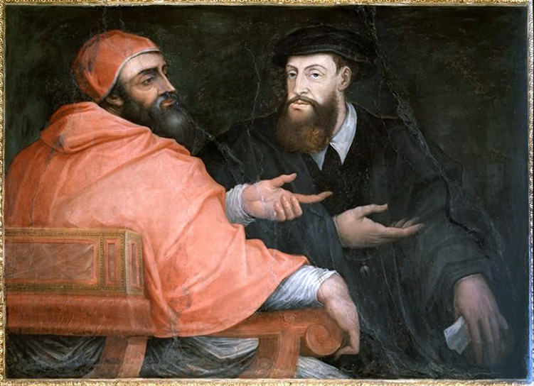 Clement VII in Conversation with Charles V, Giorgio Vasari, c. 1560. This painting by the Florentine painter and art critic, Giorgio Vasari, depicts the pope and emperor in conversation as equals. Note that Clement VII was beardless before the sack. He grew the beard as a form of mourning on account of the sack and his time spent in “exile” at Orvieto. The papal court soon followed his example and started to grow beards, helping to further popularize an already growing fashion for keeping beards in the sixteenth century.