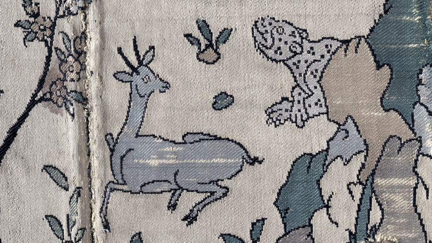 Gazelle and leopard (detail), Wine bearers in landscape, from a robe, 1525–50, silk (lampas), 85.1 x 38.1 cm (The Cleveland Museum of Art)