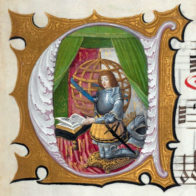  A contemporary depiction of King Manuel I of Portugal in his own illuminated Liber Missarum, commissioned on the occasion of his second marriage (to Maria of Aragon, in 1500). The king is praying, kneeling on a cushion, before an open book and under a canopy; behind him is an oversized armillary sphere (the King's personal device). He wears full armour, the crowned helmet resting by his feet. The red drapery that covers the hassock is embroidered with several upper-case M's – for Manuel and Maria, 1500 (Österreichische Nationalbibliothek)