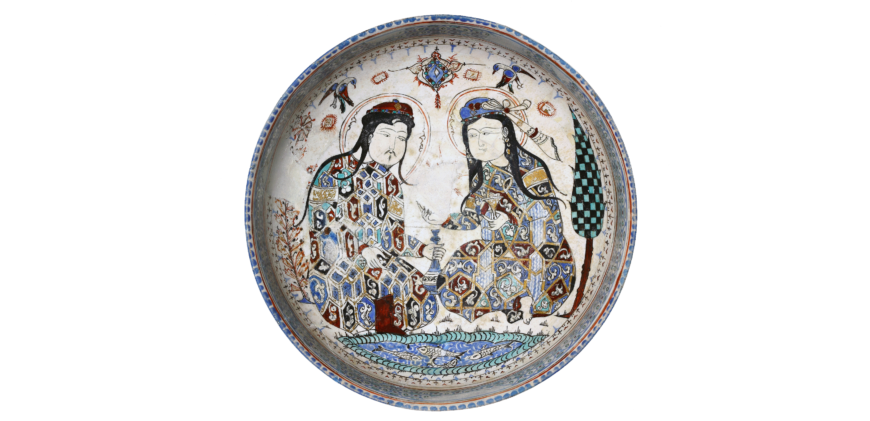 Fritware bowl, c. 1200 (Kashan, Iran), ceramic with polychrome decoration and gold leaf in and over an opaque, white glaze (Minai type), 8.5 x 21.7 cm (The David Collection, Copenhagen)