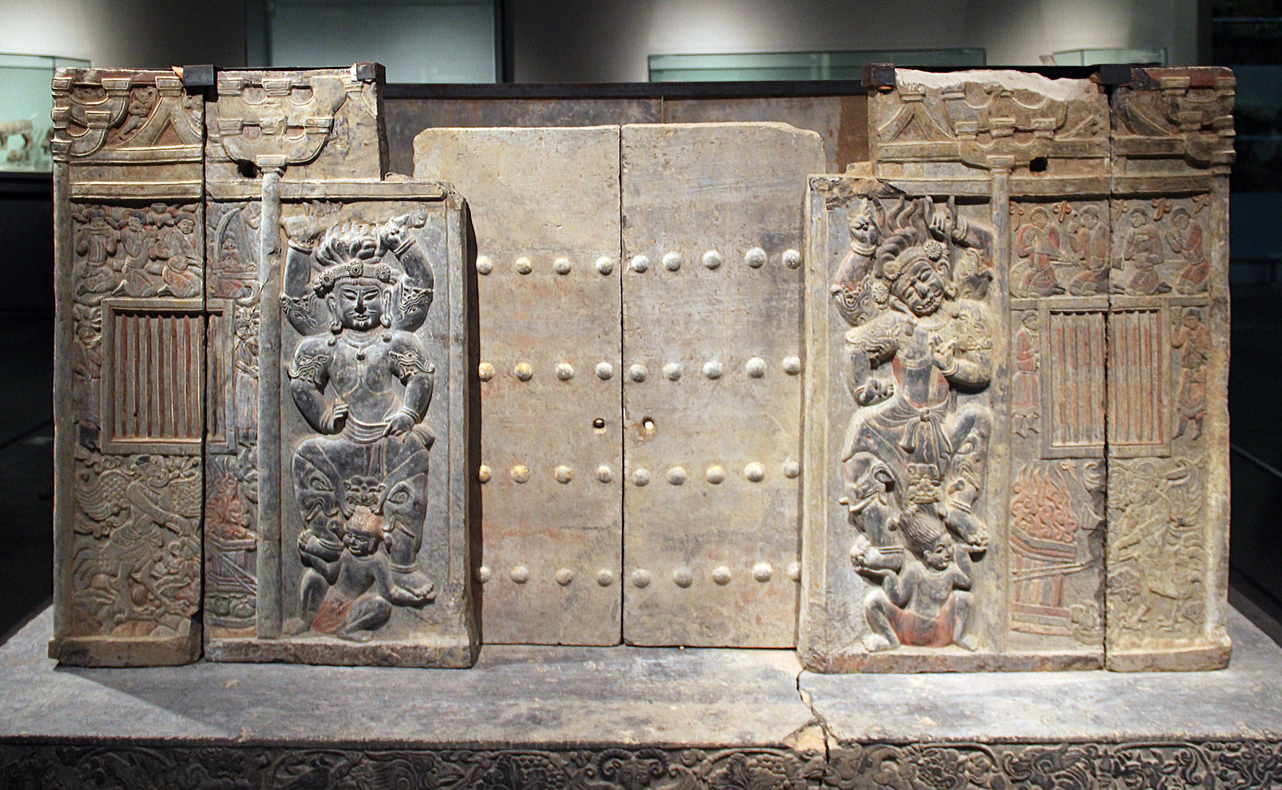 Wirkak or Shi Jun sarcophagus, 579–80 (Northern Zhou dynasry), stone carvings with traces of pigment and gilding, China, Shaanxi Province (Shaanxi History Museum, Xi’an, China)