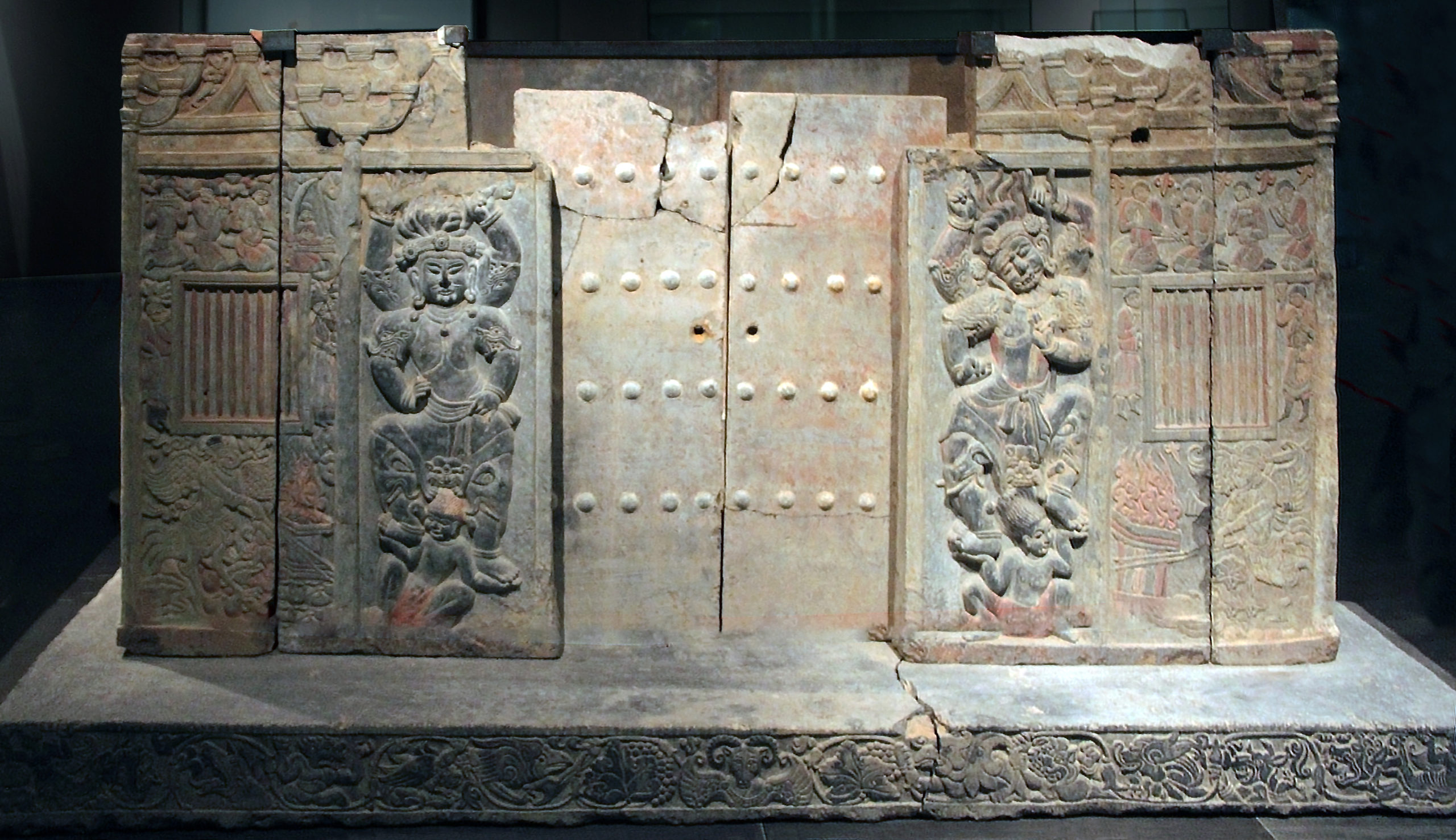 Wirkak or Shi Jun sarcophagus, 579–80 (Northern Zhou dynasry), stone carvings with traces of pigment and gilding, China, Shaanxi Province (Shaanxi History Museum, Xi’an, China)