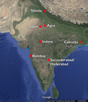 Map of India with cities mentioned in this essay (underlying map © Google)
