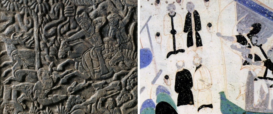 Fig.8  L: Wirkak hunting on horseback; R: Prince Siddhartha in archery contest, Cave 290 at Dunhuang