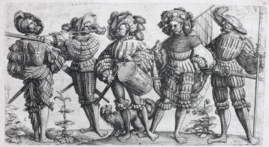 Landsknechte, etching by Daniel Hopfer, c. 1530 (The Art Institute of Chicago). The landsknechts were German mercenaries who fought in the Imperial armies during the first half of the sixteenth century. They were famed for their ferocity and skill with pikes. The landsknechts were known for their outlandish attire, which inspired fear on the battlefield. 