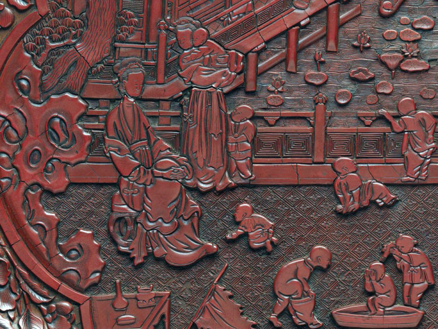 Garden Terrace Scene, detail of a plate, 14th century, carved red lacquer, diam. 55.6 cm. (The Metropolitan Museum of Art)