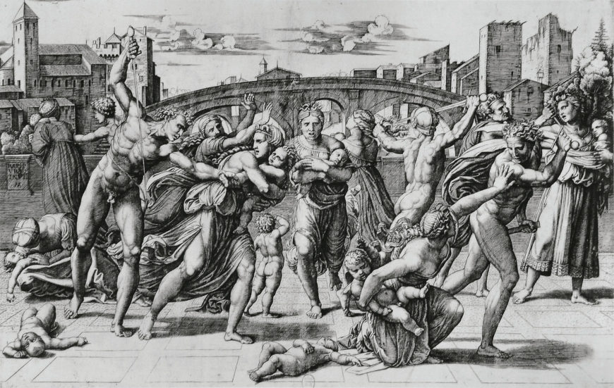 Marcantonio Raimondi, The Massacre of the Innocents, 1512–13, designed by Raphael, engraving, 28.3 x 43.4 cm