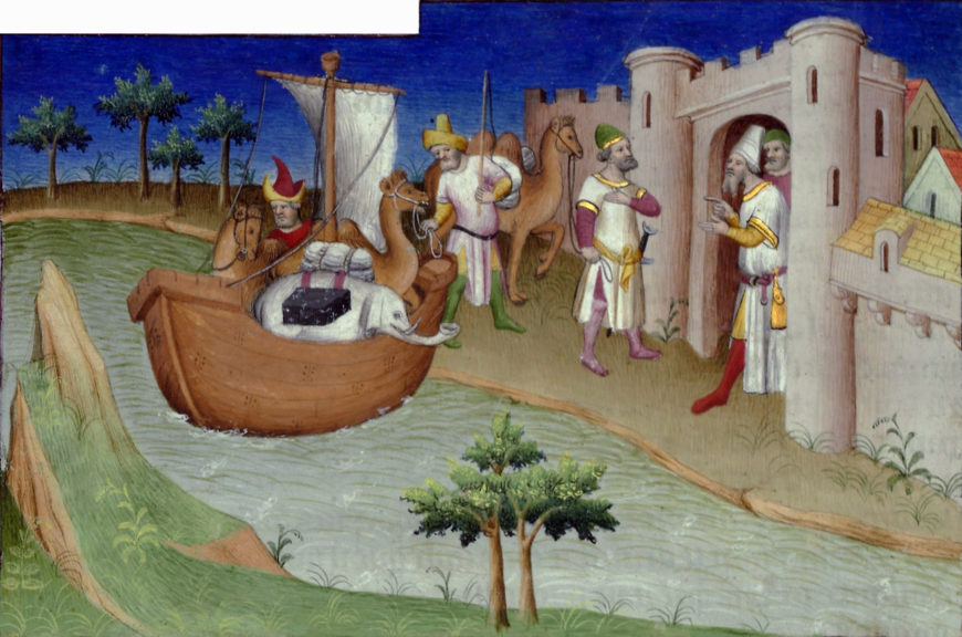 Boucicaut Master, Marco Polo with Elephants and Camels arriving at Hormuz in the Persian Gulf, c. 1410-1412, tempera on vellum, Ms Fr 2810 f.14v. (Bibliothèque nationale de France)